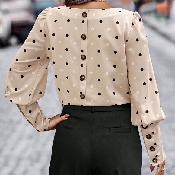 Apricot Elegant Women's Polka Dot Print Puff Sleeve Blouse - Picture 4 of 4
